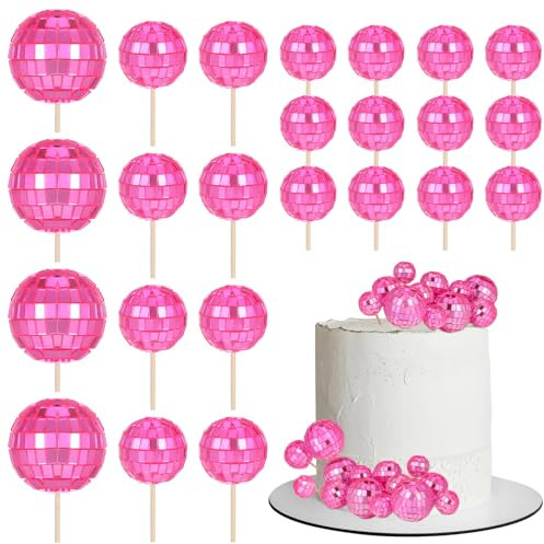Vyuwast 24 PCS Pink Disco Ball Cake Decoration Mini Cake Balls 1970S Cupcake Toppers Decorative Disco Topper for 70s Birthday Disco Theme Party Supplies
