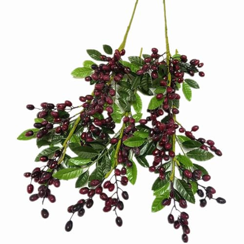forestmistry 5pcs Artificial Olive Fruit Plant 38cm Long Faux Berry Tree Branch with Green Leaves for Wedding Bouquet Floral Decoration (red)