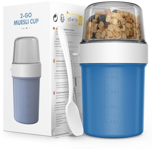 JSCORES Müslibecher to Go mit Löffel, 560ml+310ml Auslaufsicherer Joghurt to go becher für Unterwegs(Ozean Blau)