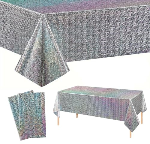 2 Stück Silber Party Tischdecke Glitzer,137 x274cm Rectangle Plastik Tischdecken, Wasserabweisend, Einweg Tischdecke für 2025 Silberhochzeit Disco Geburtstag Silvester Tischdecken Dekorationen