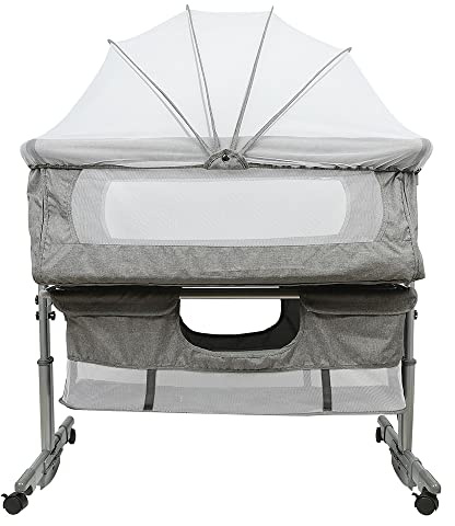 OHMG 3 in 1 Babybett,Beistellbett mit Aufbewahrungskorb,Wiege,Höhenverstellug und Einstellung der Neigung der Matratze,4 Räder mit Bremse Ergonomische Matratze,Verstellbarer,Tragbares