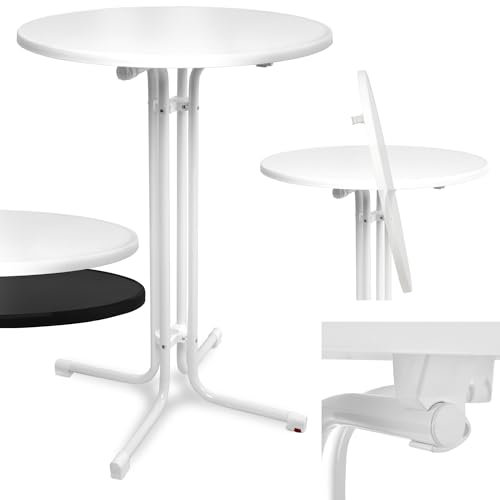 Beautissu Stehtisch klappbar 60 cm Weiß Bellini – Kratzfest Stabil Wetterbeständig – Stehtische Outdoor Bistrotisch Rund leichte Montage Halterung vormontiert – Biertisch Partytisch Klappbar Bartisch