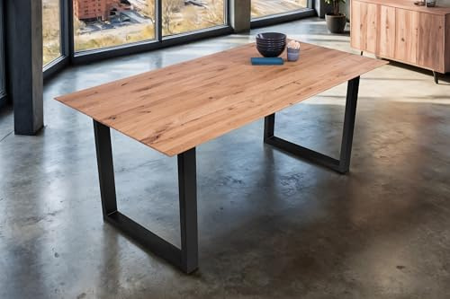 SAM Esstisch 180 x 90 cm Lotte, Eichenholz massiv & geölt, Esszimmertisch mit Schweizer Kante/gerade Ecken, U-Gestell aus Metall Schwarz, pflegeleichter Holztisch