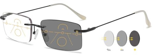 VEVESMUNDO Selbsttönende Gleitsichtbrille Randlos Gleitsicht Lesebrillen Metall Blaulichtfilter Multifokale Progressive Brillen für Herren Damen (Schwarz, 2.5)