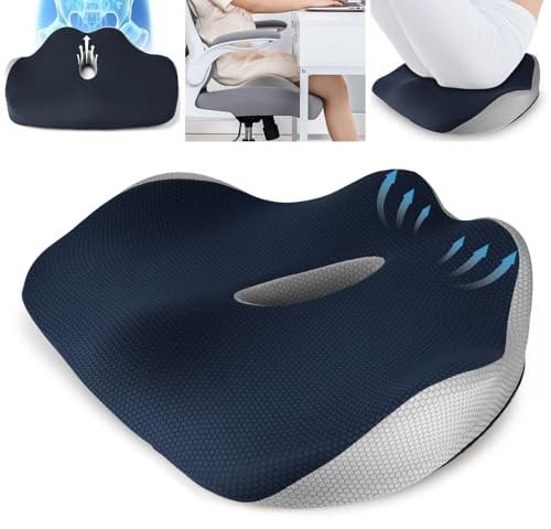 Fwiull Orthopädisches Sitzkissen, Steißbein-Entlastung Sitzkissen für Bürostühle, Rollstuhl, Auto, Dunkelblau, Memory-Schaum-Sitzkissen, Ergonomisches Loch&U-förmiges Design, Hüftformung (dunkelblau)
