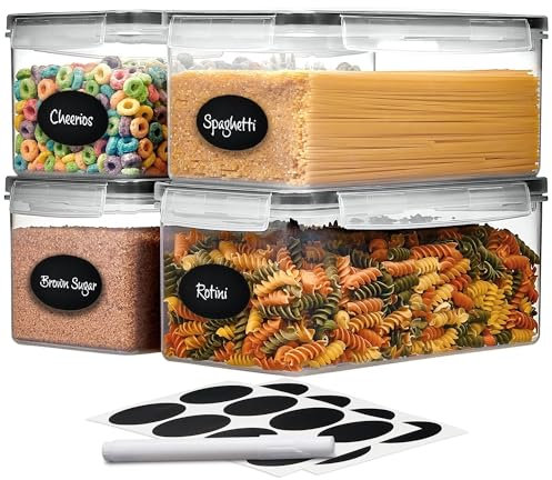 Panzy Home 3.2 L Noodle Storage Boxes with Lid, Airtight, Cereal Pouring Container & Food Storage Container with Labels and Marker Pen, BPA Free Kitchen/Pantry Organiser(Set of 4)