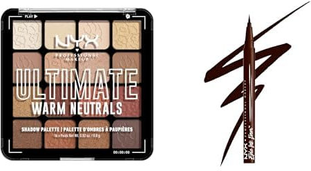 Bundle of NYX Professional Makeup Lidschattenpalette mit 16 Farbtönen, Ultimate Shadow, Farbton: Warm Neutrals + NYX Professional Makeup Epic Ink Liner S’Mores Milk Chocolate flüssiger Eyeliner, 1 Stk