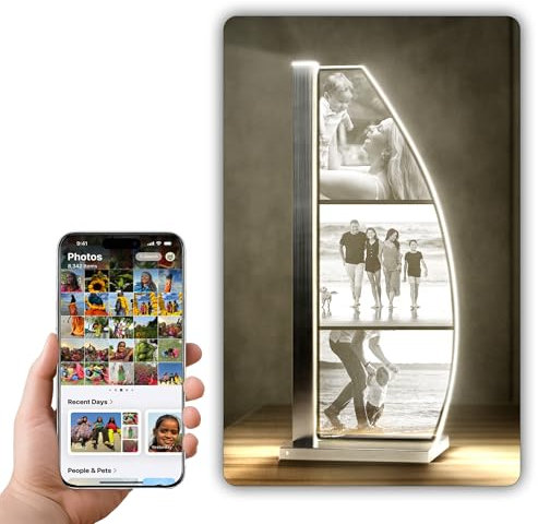 Luverre LED FOTO-Tischlampe | personalisierbare Nachttischlampe | Geschenk für Mama, Papa, Oma und Opa | Fotogeschenk mit eigenem Bild | Glasfoto (Segel | silber, 3 Fotos)