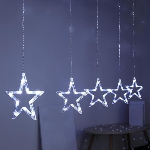 ADEPTNA 5 PCS Christmas Star Curtain Lights – 5 Stars 50 LEDs Christmas Star Curtain Lights 8 Modes Function Settings Window Door Hanging Lights for Xmas Decorations (Bright White)