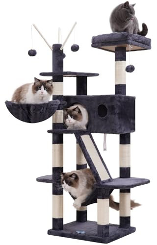 Hey-brother Arbre à Chat, Tour de Jeux pour Chats Intérieur de 154 CM, avec Un Plateforme supérieure Douce, avec Balle de Jouet, Un Grand Nid Confortable et Hamac, Gris Fumé 0EMPJ019G
