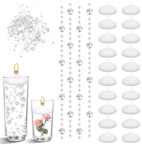 20 candele galleggianti, colore bianco, 3,8 x 2 cm, 6 fili di perle per candele galleggianti, colore argento, candele galleggianti per piscine, centrotavola, matrimoni, feste, decorazioni per la casa