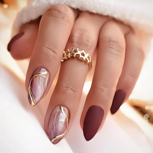 Kinretixia 24 Stück Aufklebnägel, mittelgroß, Mandel- und Weinrot, künstliche Nägel mit geschwungenem Liniendesign, Acryl-Aufklebnägel, matte künstliche Nägel für Frauen