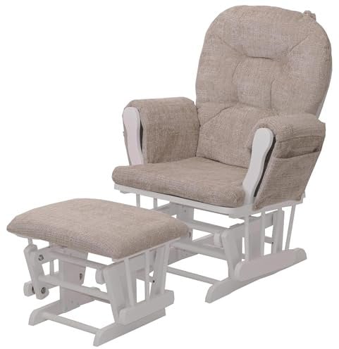 Mendler Relaxsessel HWC-C76, Schaukelstuhl Schwingstuhl mit Hocker Stoff Chenille (465g/m²) Öko-Tex - Creme, Gestell weiß