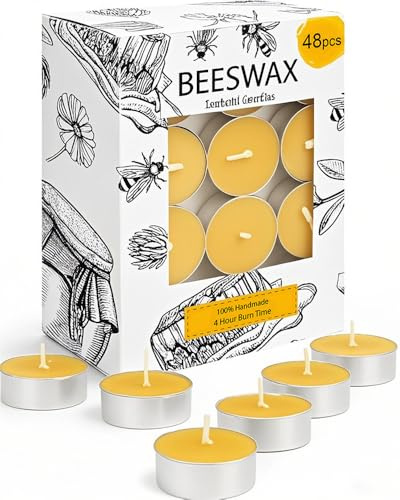 48 Stück Bienenwachs-Teelichter in Aluminiumbecher, 4 Stunden verlängerte Brenndauer, Teelichter, 100 % reines, natürliches Bienenwachs, perfekt für Heimdekoration, Luftreinigung, Geschenk