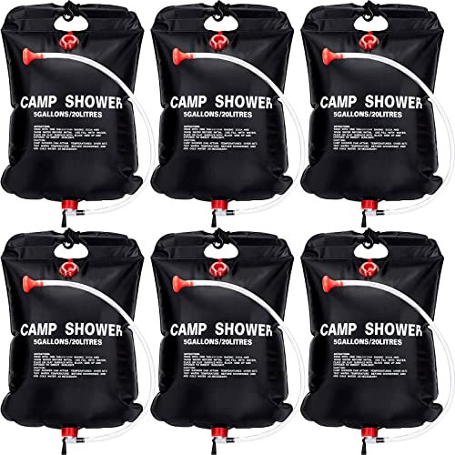 VIHOSE 6 Pcs Solar Shower Bags 5 Gallons/ 20 l Solar Heating Camping Shower Bags with Removable Hose for Camping Beach Swimming Outdoor Traveling Hiking Climbing(Black)