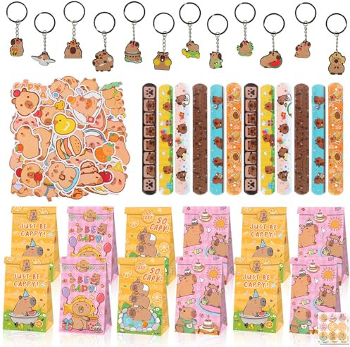 86Pcs Gadget Compleanno Bambini Capybara, Braccialetti Slap, Anime Sacchetti Regalo, Portachiavi in Silicone, Adesivi Impermeabili, Cartoon Regalo Feste per Bambini Compleanno