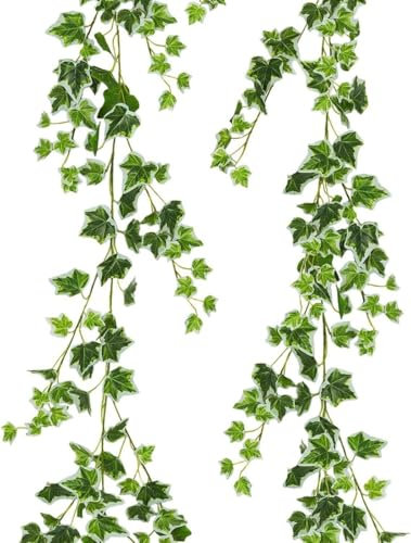 GIUSOBG Edera Finta da Interno e Esterno Piante Finte 2 pezzi Edera Finta da Interno Esterno 1.8 m Foglie di edera Ghirlanda di Piante Artificiali per Casa Parete Giardino Balcone (bianco verde)