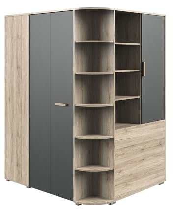 Lomadox Kinderzimmer Eckkleiderschrank begehbar Jugendzimmer Kleiderschrank,gespiegelt aufbaubar in Eiche mit Graphit