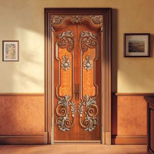 arricraft 2 calcomanías autoadhesivas para puerta, 31.5 x 78.7 pulgadas, patrón ornamentado de madera, murales de puerta, calcomanías de PVC para puerta, papel tapiz extraíble para decoración de