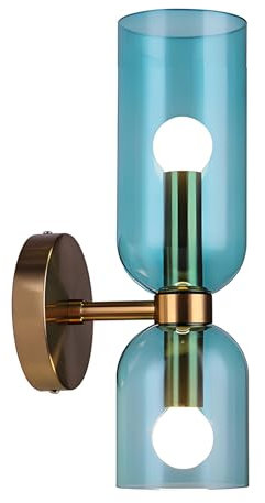 XIRYTU-H Moderne 2-Flammige Wandleuchte Gold, Elegante Glass Wandlampe, E14 Innenbeleuchtung für Schlafzimmer, Bad & Wohnzimmer (Blau)