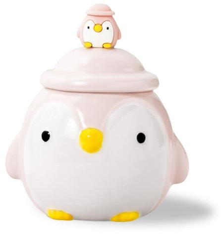 Pinguin Tasse, Lustige Tasse, Keramik Tasse mit Deckel und Löffel, 3D Tasse Kaffee, Pinguin Geschenk Cute Mug, Süße Tassen Geschenk für Geburtstag, Abschluss, Weihnachten, Halloween 400ML(Rosa)