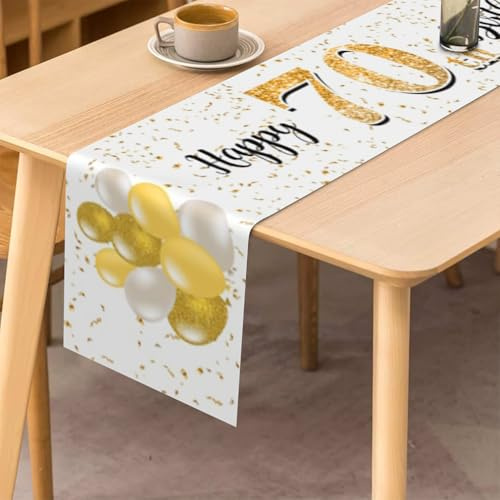 Tecreo Happy 70th Birthday Tischläufer, 70. Geburtstag Mann Deko Küche Esstisch Dekoration Tischband Geburtstagsfeier Tischdecke Deko für Zuhause, Weiß und Gold
