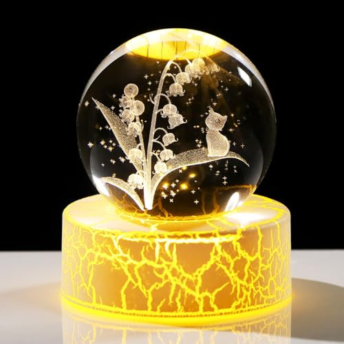 Ornalrist Lily of the Valley and Cat Crystal Ball Gifts for Women Ornament | 6cm Engrave Lily of the Valley and Cat Crystal Ball with Warm Light LED Base Ornaments Gifts for Women on Birthday Christmas