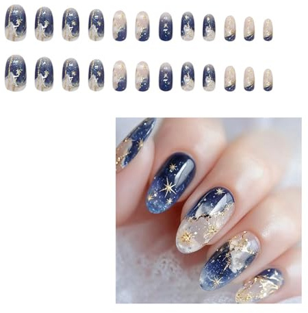 faux ongles French à Coller Manucure Court Amande 24pcs Femmes et Filles 3D Le ciel étoilé cosmique press on nails Naturel Plein Couverture Nail Art Autocollants unique original