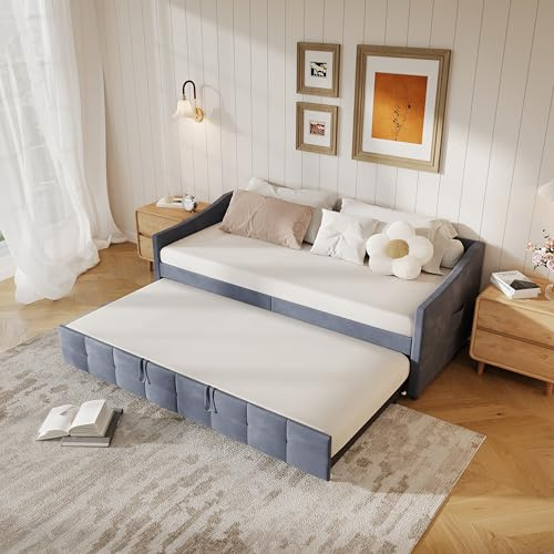 Schlafsofa, 90 x 200 cm, 2-Sitzer-Sofa, Samtstoff, Einzelbett, Ausziehbett, ausziehbar, gepolstert, für 2 Personen, ohne Matratze (A Grau, 90 x 200 cm)