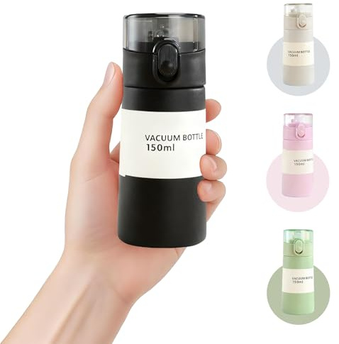 Senshuomy 5.3oz Mini Water Bottle,Small Flasks,Stainless Steel Insulated Water Bottles,Leakproof Drinks Bottle with Carry Handle for Hot&Cold Drinks,Coffe,Juice(Black)
