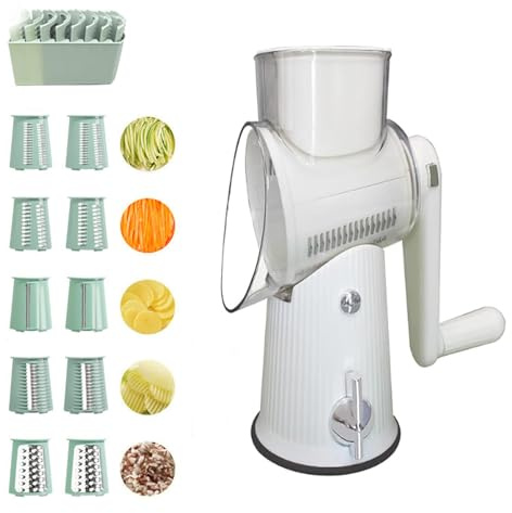 Food Chopper, 5 In 1 Multifunctional Hand Crank Rotary Cheese Grater Vegetable Slicer, Replaceable Stainless Blades, Slicer and Shredder for Kitchen