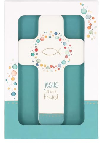 Kinderholzkreuz Fisch 18 cm: weiße Eiche, farbig bedrucktes Kreuz zum Aufhängen mit „Jesus ist mein Freund“, ideales Erstkommunion-Geschenk, inkl. Geschenkverpackung