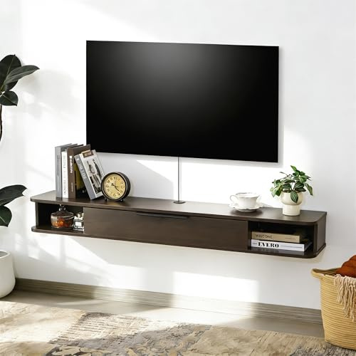 Mordchil EU Wall-mounted TV Cabinet Stand, 140cm Floating Media Console Under TV, Entertainment Shelf Center for Bedroom and Living Room, Greyish-Coffee