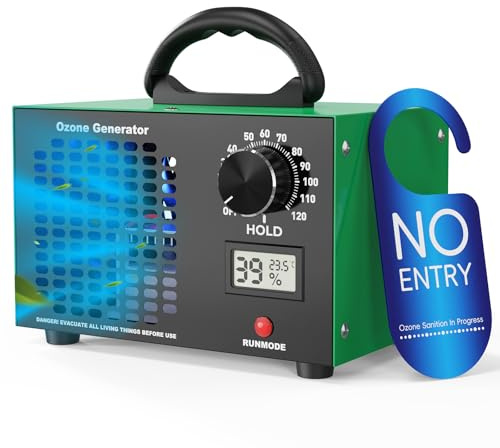 Generatore di Ozono 120000mg/h - Purificatore d'Aria O3 2-in-1, Timer 120 Minuti, Indicatore Temperatura e Umidità, Ozonizzatore Industriale per Auto, Casa, Hotel, Cucina e Odori Animali Domestici