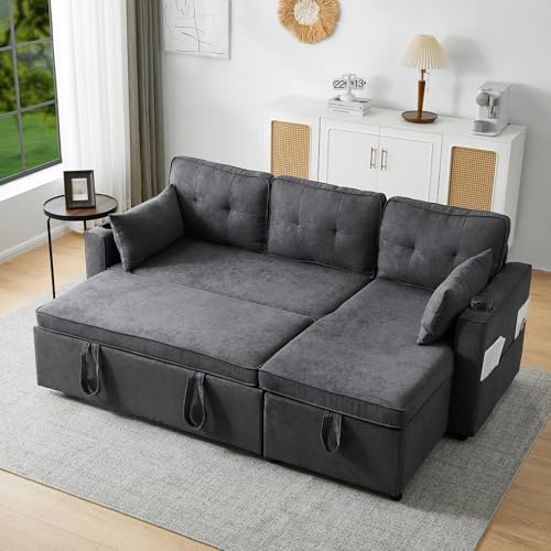 OPODEE Schlafsofa L-Form mit Bettfunktion & Stauraum, Ecksofa Ausziehbar inkl. Getränkehalter & Seitentaschen, Couch mit Schlaffunktion Links/Rechts Montierbar für Wohnzimmer, Leinenoptik