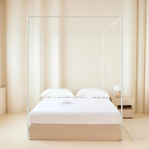 Potaosey Marco de cama con dosel blanco, 150 x 200 x 200 cm, cuatro pósteres, marco de cama de metal, marco de cuatro esquinas, dosel para una renovada para el apartamento (blanco-B150 x 200 x 200 cm)