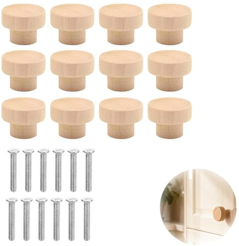 12 Stück Runde Möbelknöpfe Türknauf aus Holz, Schubladengriffe Kommodenknöpfe Küchenschränke Türknauf Runde Holzknöpfe Natürliche Buche Knöpfe Holzgriffe für Schränke kommode Schubladen Möbel