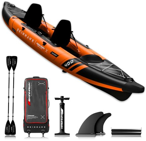 SKINHAWK Prestige Orange Kajak Set 400 – Schlauchboot – Kanu - 400 x 96 cm - 2 Personen Kajak (Set mit Alu-Paddel)
