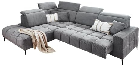 Home4You Ecksofa - 317 x 234 cm - Dunkelgrau - Cord - elektr. Sitztiefenverstellung