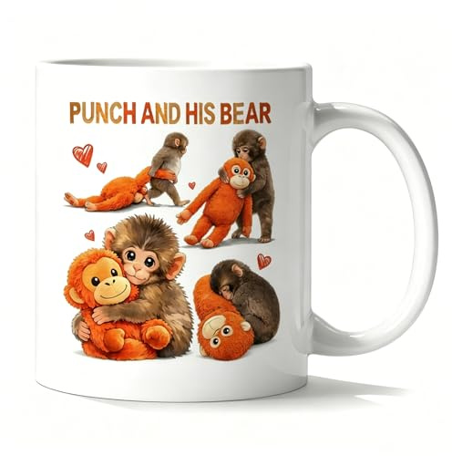 Leseogye Punch Monkey Mug, Punch and His Bear Mug, Emotional Support Gift for Dad, Mum, Kids, Friends