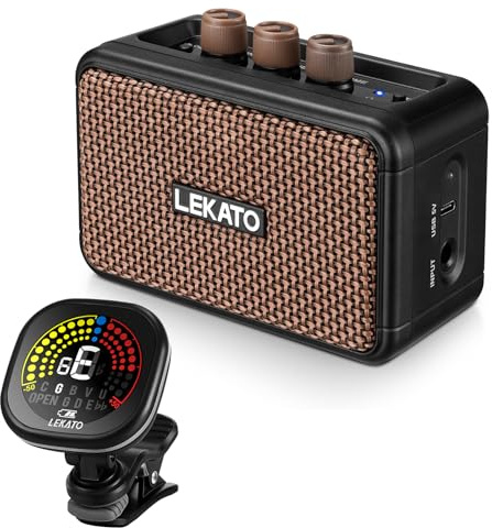 LEKATO 5W Mini Guitar Amplifier with Bluetooth & Overdrive + Rechargeable Clip-on Tuner with Color Display – Complete Practice Bundle for Electric Guitar, Portable Amp & Tuner Kit fo