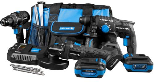 HÖGERT TECHNIK Set Utensili 18V BL CONSTRUCTION – Trapano avvitatore brushless 80 Nm, Martello tassellatore, Smerigliatrice angolare 125 mm, 2x batteria 4 Ah, Caricabatterie 4 A