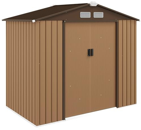 Outsunny Casetta da Giardino 2.5m² in Acciaio Zincato con Basamento e Prese d'Aria, Capanno Porta Attrezzi con Tetto Inclinato, Doppie Porte Scorrevoli Bloccabili, 213x130x185 cm, Giallo