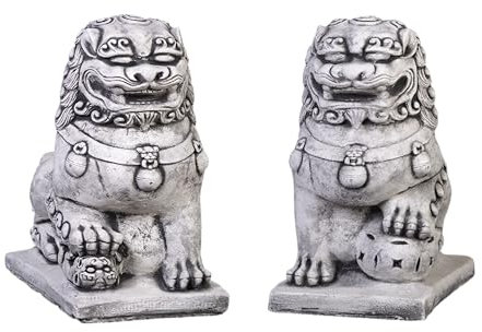 gartendekoparadies.de Chinesische Wächterlöwen Shishi Fu Hunde, Steinfigur, H. 38 cm, jeweils 24 kg, Grau, frostsicher aus Steinguss für Außenbereich (Set Wächterlöwen)