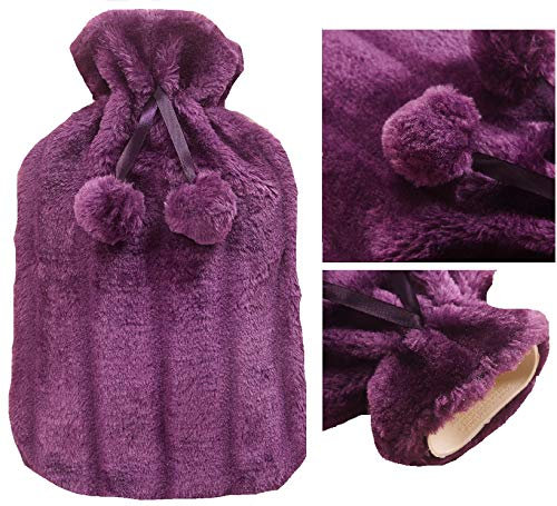 Premium Faux Fur HOT Water Bottle with Warm Fluffy Teddy Fleece Cover Natural (Faux Fur - Purple)