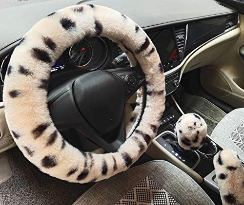 Winter Warm Fluffy Furry Fuzzy Auto Lenkradhüllen,Universal Verdickung Kunstpelz Plüsch Auto Lenkabdeckungen+Schalthebelabdeckungen+Handbremsabdeckungen -3 Stück/Set (beige Leopard)