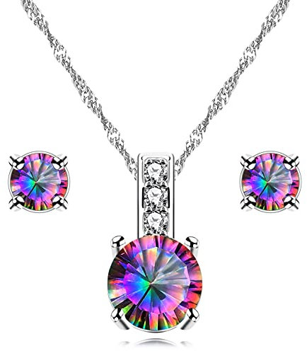10 mm künstlicher mystischer Topas, Regenbogenherz, Zirkonia, Solitär-Anhänger, Halskette, Ohrstecker-Set, Metall, Zirkonia