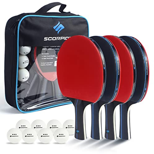 Scorpion Table Tennis Set for 4 Players – Table Tennis Bats & Ping Pong Paddles with 6 Balls and Carry Case – 5 Layer Wooden Racket Set for Indoor Outdoor Garden Games