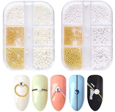 Nail Pearls for Nail Art,2 Boxes 6 Grids Round Imitation Pearl Beads for Nails,Gold Steel Ball Caviar Beads for DIY 3D Manicure Design Decorations (Nail Pearls Mixed Steel Beads)