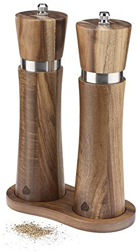 Navaris Molinillo pimienta y salero de madera - Saleros de cocina modernos con bandeja madera - Salero y pimentero con grano ajustable - Molinillo sal